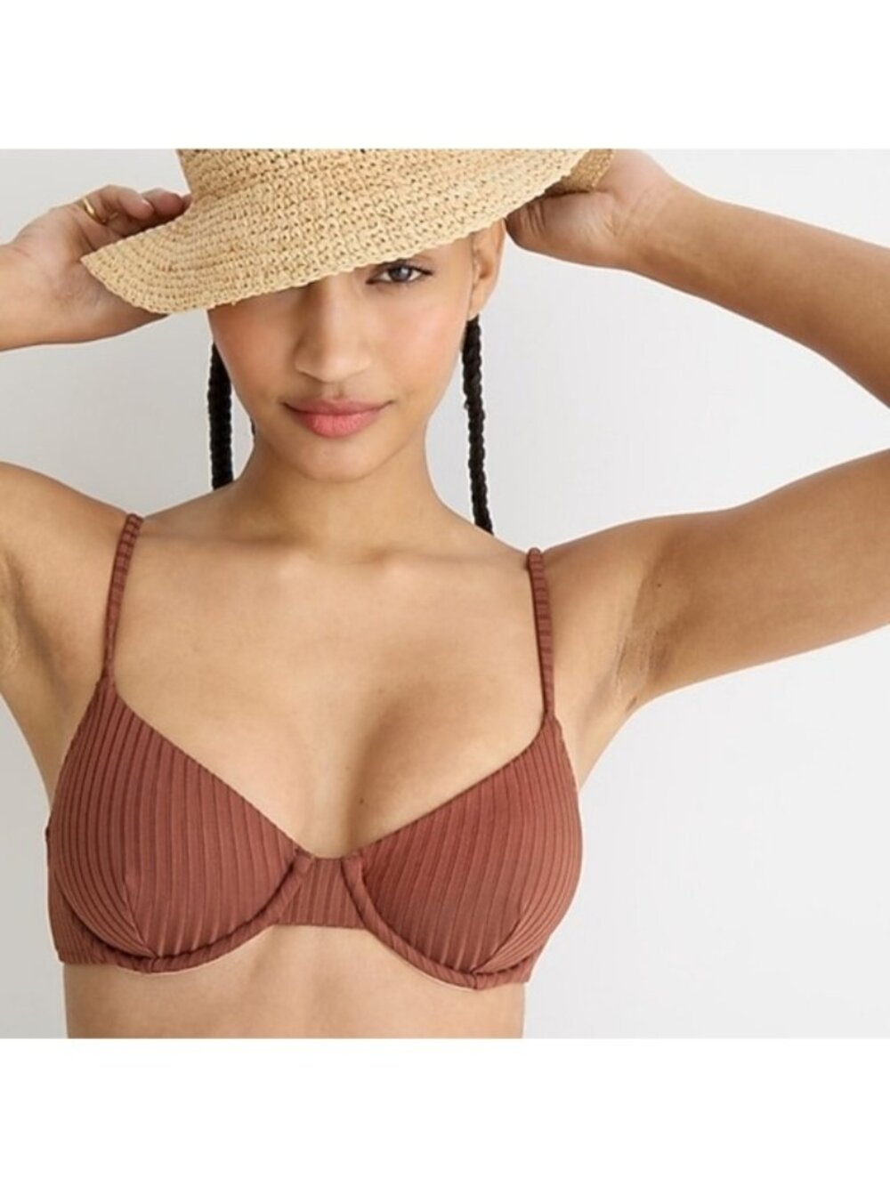 J.Crew Wide Ribbed French Bikini Top 38C New Women's Swimsuit Brown Beach
